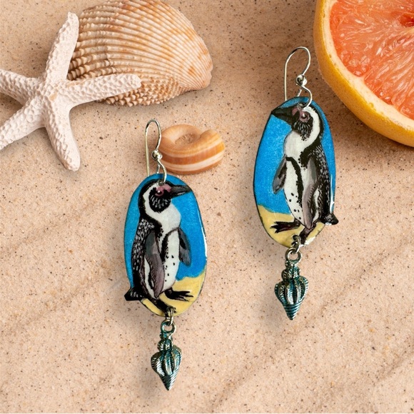 African jack ass penguins handpainted Earrings lightweight sterling silver OOAK - Picture 1 of 5